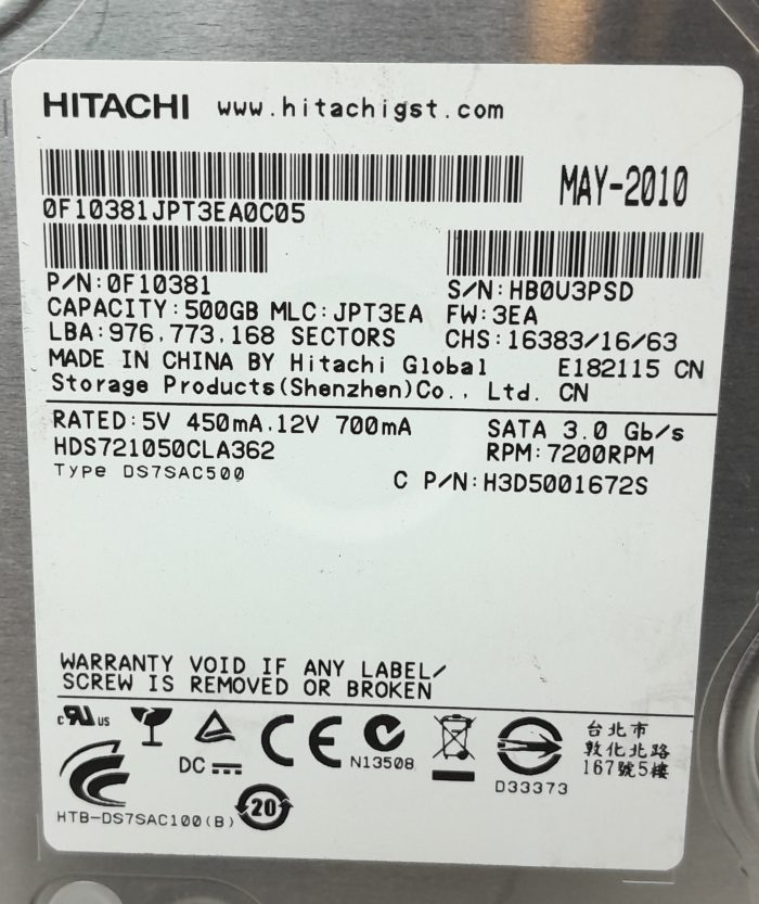 Hitachi 500GB Hard Drive HDS721050CLA362 - Image 3