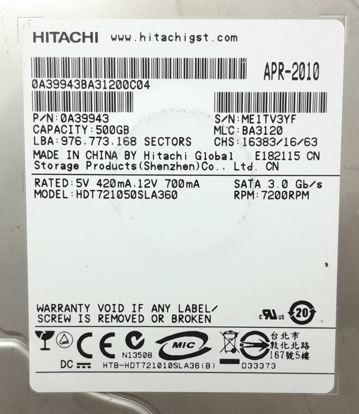 Hitachi 500GB Hard Drive HDS721050SLA350 - Image 3