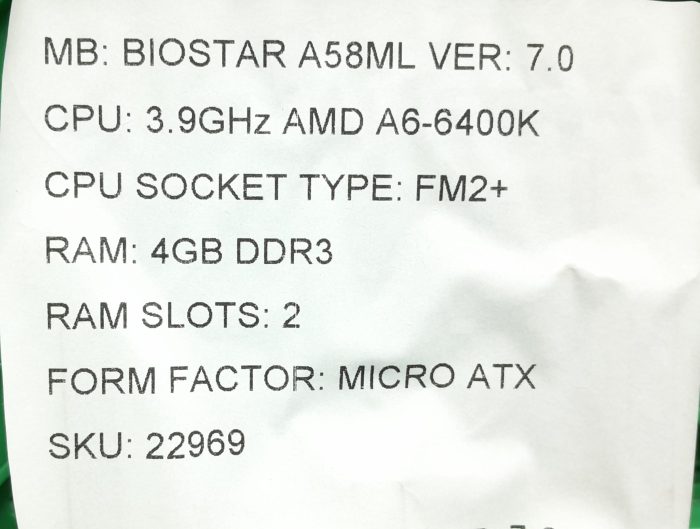 Biostar Motherboard AMD A6-6400K With I/O Shield A58ML VER:7.0 FM2+ DDR3 MICRO ATX - Image 3