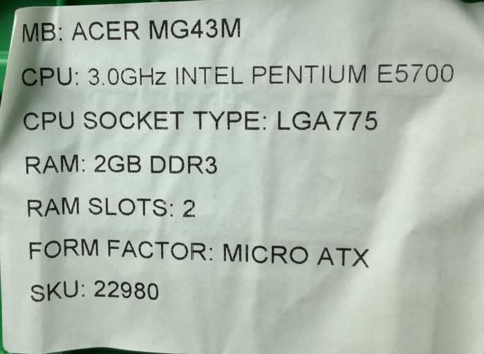 Acer Motherboard Intel Pentium E5700 With I/O Shield MG43M LGA775 DDR3 MICRO ATX - Image 3