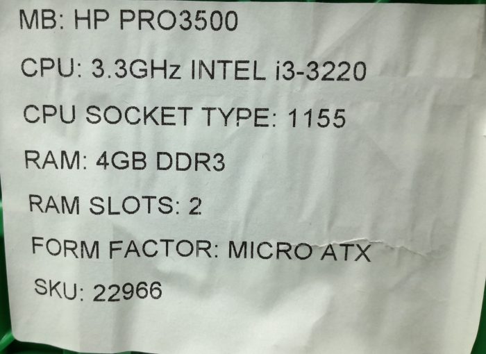 HP Motherboard Intel i3-3220 With I/O Shield PRO3500 LGA1155 DDR3 MICRO ATX - Image 3