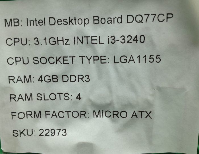 Intel Motherboard Intel i3-3240 With I/O Shield DQ77CP LGA1155 DDR3 MICRO ATX - Image 3