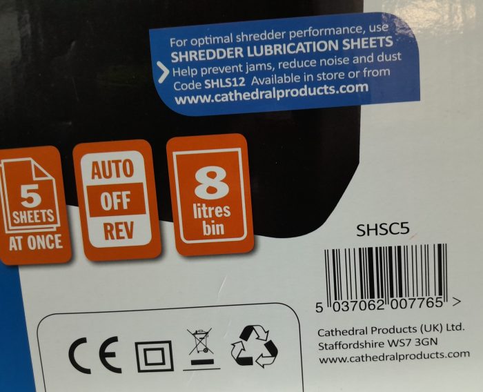 Cathedral 5 Sheet 12L Bin Paper Shredder SHSC5 - Image 3