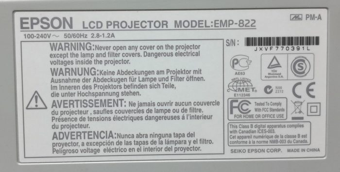 Epson VGA Projector with 2778 Lamp Hours Used EMP-822 - Image 3